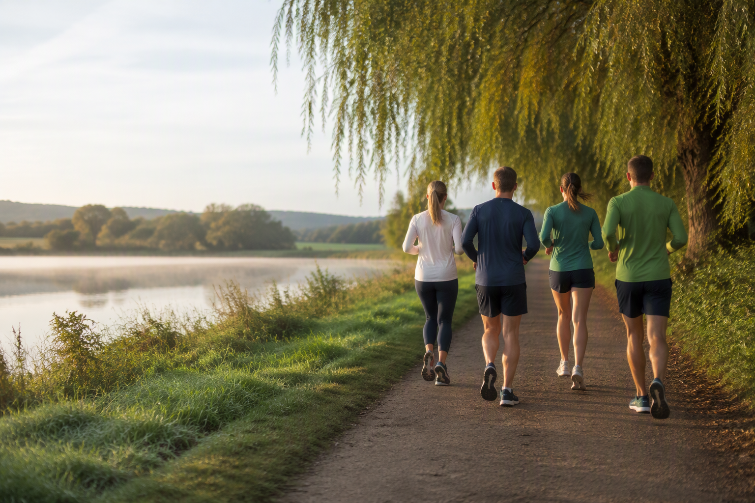 A small group of runners seen from behind enjoying an easy run along a quiet riverside path.